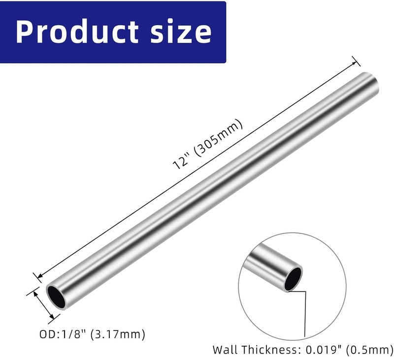 Etauwe 1/8 Inch (3.17mm) OD Round Metal Pipe, 304 Stainless Steel Tubing, 12" Length Weldable Industrial Straight Tube, 4 PCS - Image 2